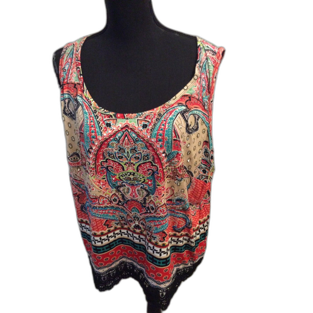Bila Plus size XXL Boho Lace Trim Sleeveless Bling Print Top Paisley